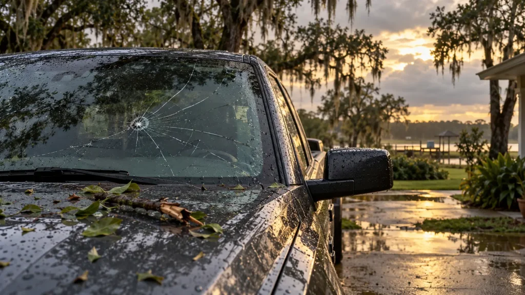Cracked pickup truck windshield after a storm in Houma, LA, with leaves and a branch on the hood