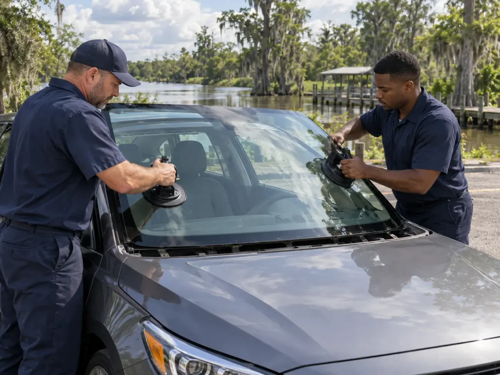Two technicians setting a new windshield on a sedan beside a bayou in Houma, LA